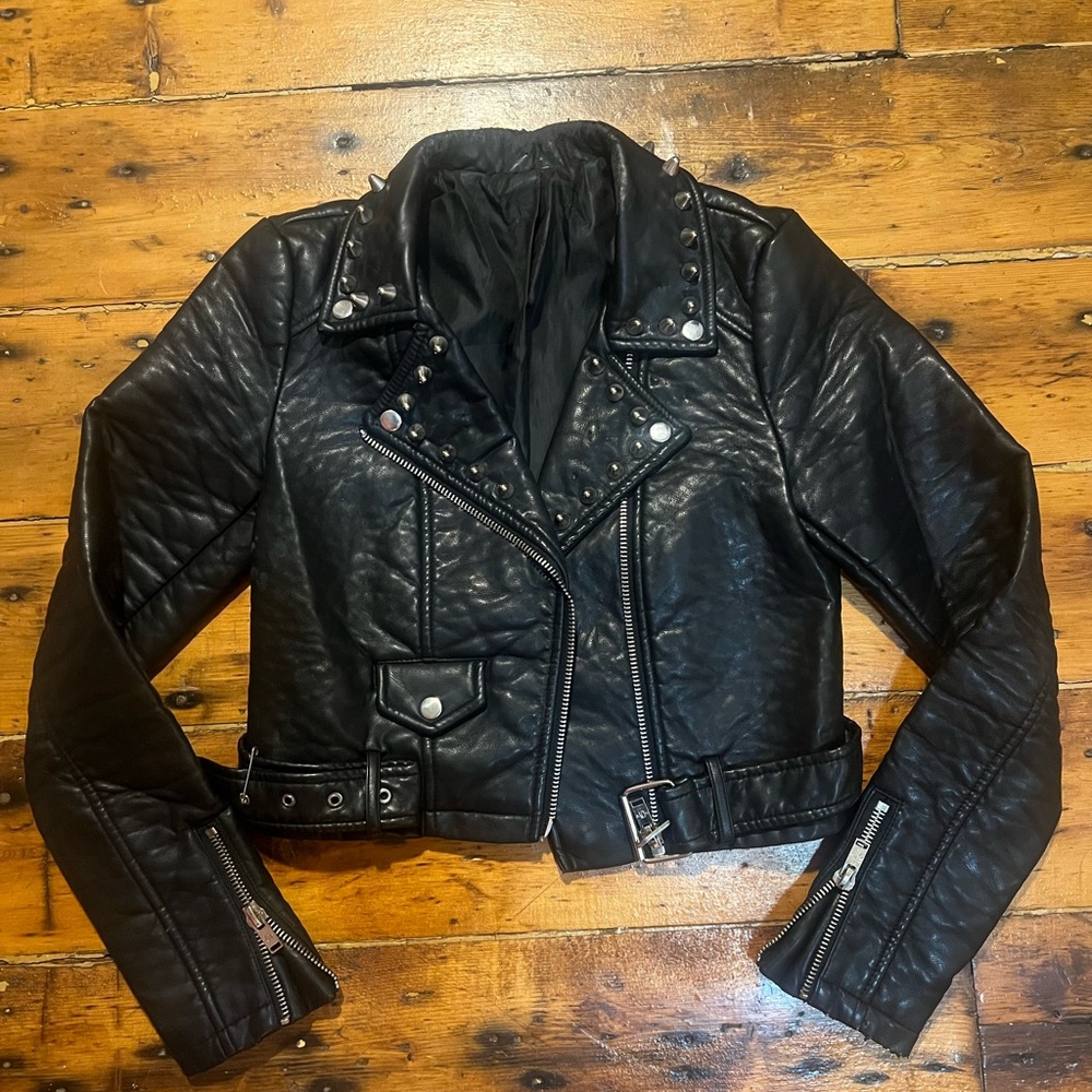 Black Studded Women's Faux Leather Jacket